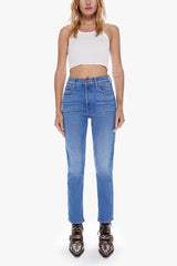 The Tomcat Layover by MOTHER, bestselling high-rise straight leg with button fly, cropped inseam, mid-blue wash with whiskering, perfect for casual, cool vibes.