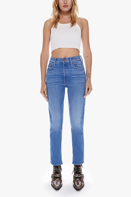 The Tomcat Layover by MOTHER, bestselling high-rise straight leg with button fly, cropped inseam, mid-blue wash with whiskering, perfect for casual, cool vibes.