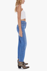 The Tomcat Layover by MOTHER, bestselling high-rise straight leg with button fly, cropped inseam, mid-blue wash with whiskering, perfect for casual, cool vibes.