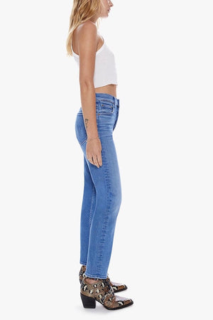 The Tomcat Layover by MOTHER, bestselling high-rise straight leg with button fly, cropped inseam, mid-blue wash with whiskering, perfect for casual, cool vibes.