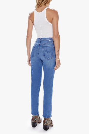 The Tomcat Layover by MOTHER, bestselling high-rise straight leg with button fly, cropped inseam, mid-blue wash with whiskering, perfect for casual, cool vibes.