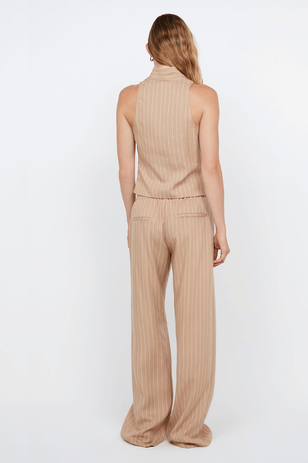 Almeria Wrap Top Camel Stripe by Bec + Bridge – Trendy wrap top with draped V-neck and racer back, perfect for effortless warm-weather elegance and viral summer looks.