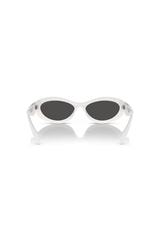 PR 26ZS Talc by Prada, stylish irregular talc acetate frames with dark grey lenses, offering strong sun protection and perfect for chic, everyday looks.