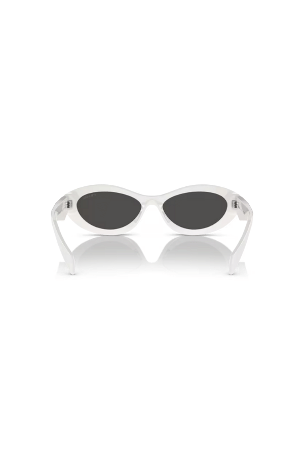 PR 26ZS Talc by Prada, stylish irregular talc acetate frames with dark grey lenses, offering strong sun protection and perfect for chic, everyday looks.