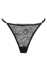 Rosie Thong in Black by Kat the Label, high-cut lace thong with a soft mesh back and adjustable waistband, perfect for comfort and a touch of luxe elegance.