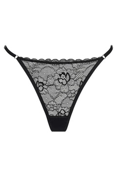 Rosie Thong in Black by Kat the Label, high-cut lace thong with a soft mesh back and adjustable waistband, perfect for comfort and a touch of luxe elegance.