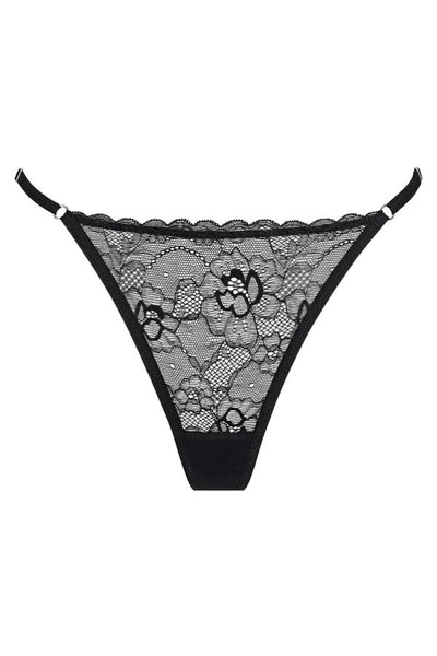 Rosie Thong in Black by Kat the Label, high-cut lace thong with a soft mesh back and adjustable waistband, perfect for comfort and a touch of luxe elegance.