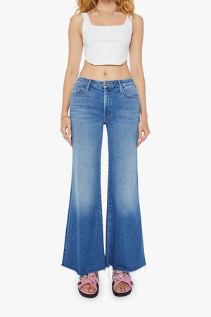 The Roller Fray Work Hard Play Hard by Mother, high-waisted wide-leg jeans with a 31-inch inseam and frayed hem, perfect for casual, trendy looks.