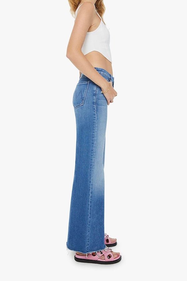 The Roller Fray Work Hard Play Hard by Mother, high-waisted wide-leg jeans with a 31-inch inseam and frayed hem, perfect for casual, trendy looks.