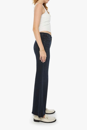 The Roller Fray Night In Venice by MOTHER, trendy high-waisted wide-leg jeans with a frayed hem and dark denim wash. Perfect for a relaxed yet stylish look with a 31-inch inseam and touch of stretch.