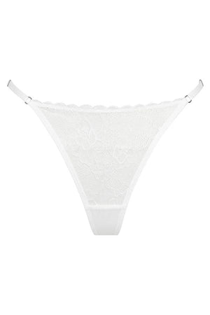Rosie Thong in White by Kat the Label, high-cut lace thong with a soft mesh back and adjustable waistband, perfect for blending comfort with romantic elegance.