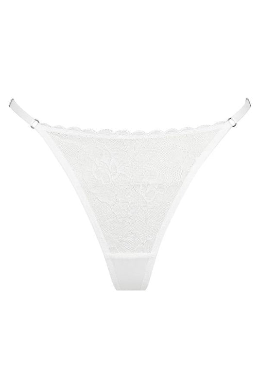 Rosie Thong in White by Kat the Label, high-cut lace thong with a soft mesh back and adjustable waistband, perfect for blending comfort with romantic elegance.