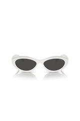 PR 26ZS Talc by Prada, stylish irregular talc acetate frames with dark grey lenses, offering strong sun protection and perfect for chic, everyday looks.