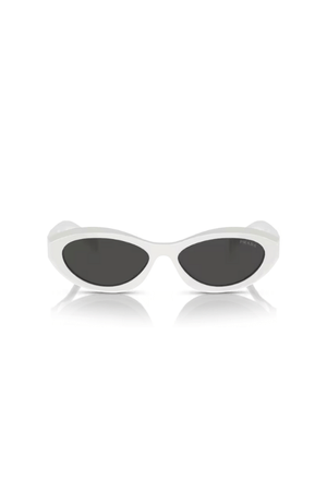 PR 26ZS Talc by Prada, stylish irregular talc acetate frames with dark grey lenses, offering strong sun protection and perfect for chic, everyday looks.