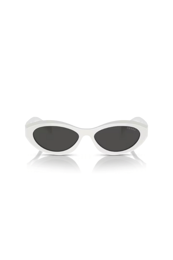 PR 26ZS Talc by Prada, stylish irregular talc acetate frames with dark grey lenses, offering strong sun protection and perfect for chic, everyday looks.