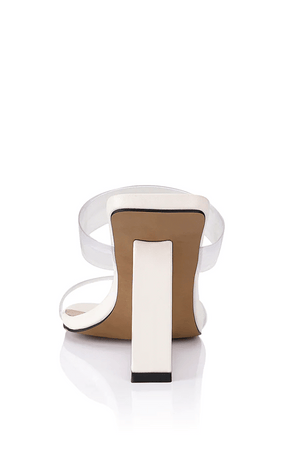 Brooke Wedge White by Lana Wilkinson – Stylish 9cm heel wedge with clear wedge and perspex front for a barely-there, cool girl look. Available in Gold and Ivory.