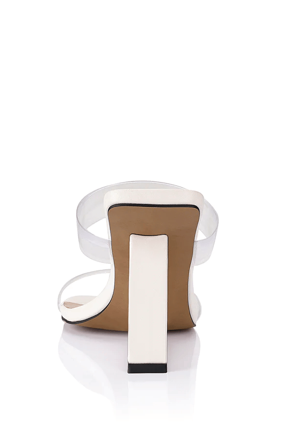 Brooke Wedge White by Lana Wilkinson – Stylish 9cm heel wedge with clear wedge and perspex front for a barely-there, cool girl look. Available in Gold and Ivory.