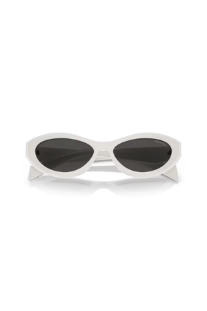 PR 26ZS Talc by Prada, stylish irregular talc acetate frames with dark grey lenses, offering strong sun protection and perfect for chic, everyday looks.