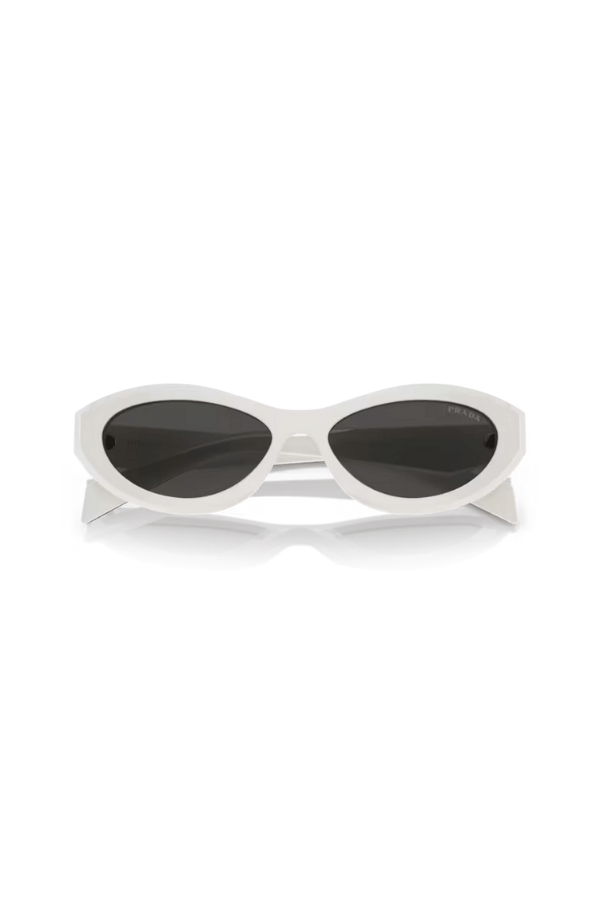 PR 26ZS Talc by Prada, stylish irregular talc acetate frames with dark grey lenses, offering strong sun protection and perfect for chic, everyday looks.