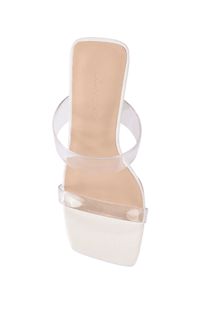 Brooke Wedge White by Lana Wilkinson – Stylish 9cm heel wedge with clear wedge and perspex front for a barely-there, cool girl look. Available in Gold and Ivory.