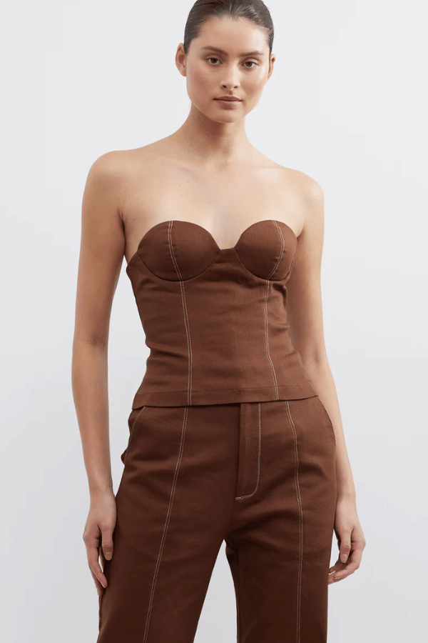 Aldo Bodice Fudge by Pasduchas, sleek strapless cupped bodice with contrast stitching and invisible zipper, perfect for trendy events and elegant nights out.