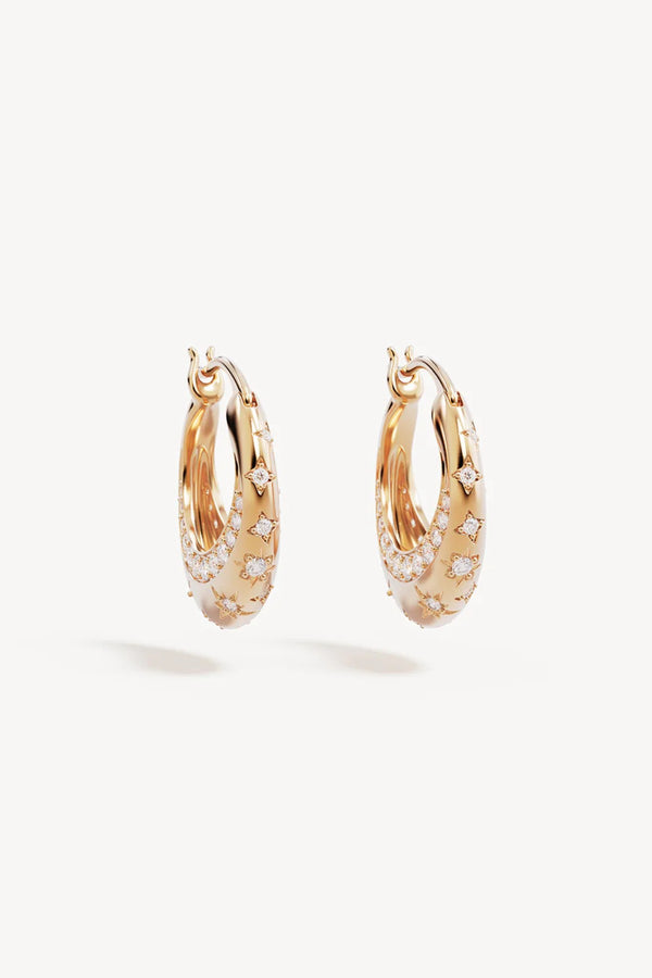 18k Gold Plated My Moon and Stars Hoops by By Charlotte - gold hoops with moon and star details, designed for a delicate celestial look.