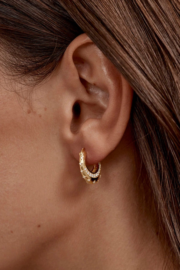 18k Gold Plated My Moon and Stars Hoops by By Charlotte - gold hoops with moon and star details, designed for a delicate celestial look.