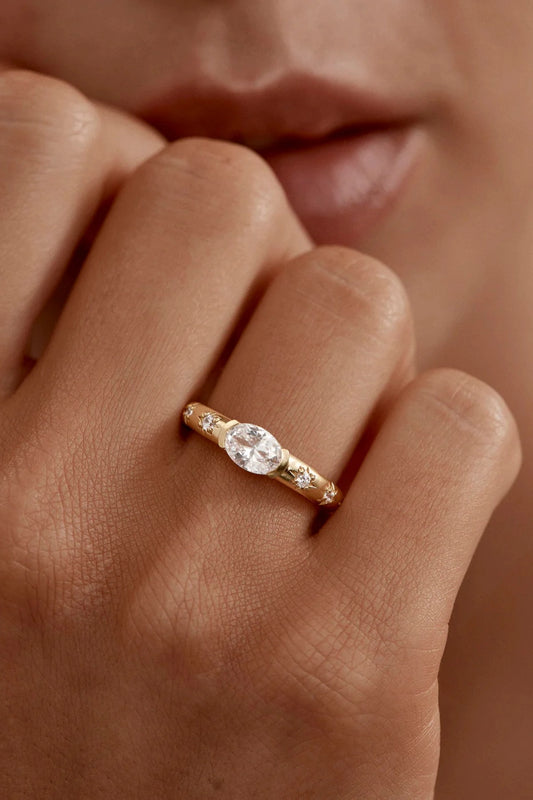 18k Gold Vermeil Celestial Skies Ring by By Charlotte - gold ring with moon and star details, designed for a delicate celestial look.