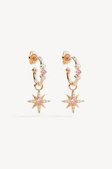 18k Gold Vermeil Starry Night Hoops by By Charlotte - gold hoops with star charms and pink stones, designed for a delicate celestial look.