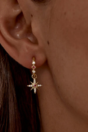 18k Gold Vermeil Starry Night Hoops by By Charlotte - gold hoops with star charms and pink stones, designed for a delicate celestial look.