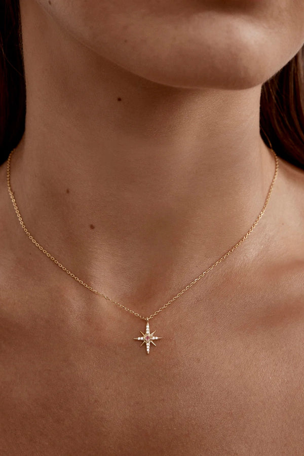 18k Gold Vermeil Starry Night Necklace by By Charlotte - gold necklace with star pendant and pink stone, designed for a delicate celestial look.