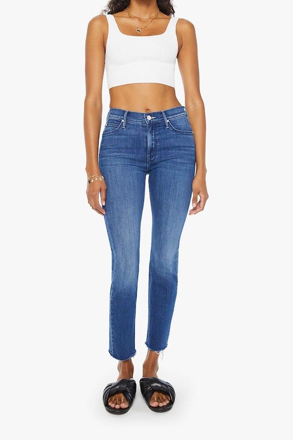 The Mid Rise Dazzler Ankle Fray Nothing Between Us by Mother, mid-rise straight leg ankle jeans in medium blue with stretch and clean hem, perfect for everyday wear.