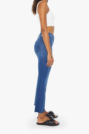 The Mid Rise Dazzler Ankle Fray Nothing Between Us by Mother, mid-rise straight leg ankle jeans in medium blue with stretch and clean hem, perfect for everyday wear.