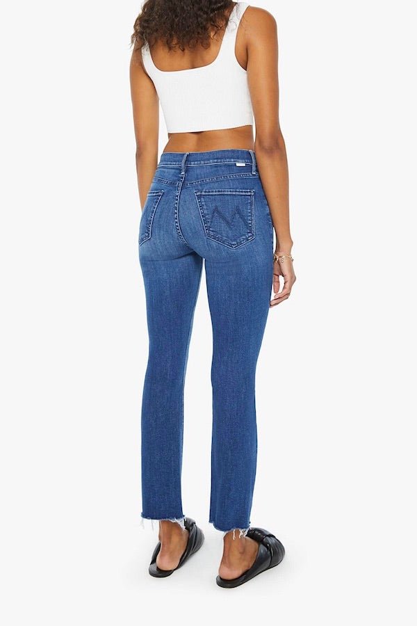 The Mid Rise Dazzler Ankle Fray Nothing Between Us by Mother, mid-rise straight leg ankle jeans in medium blue with stretch and clean hem, perfect for everyday wear.