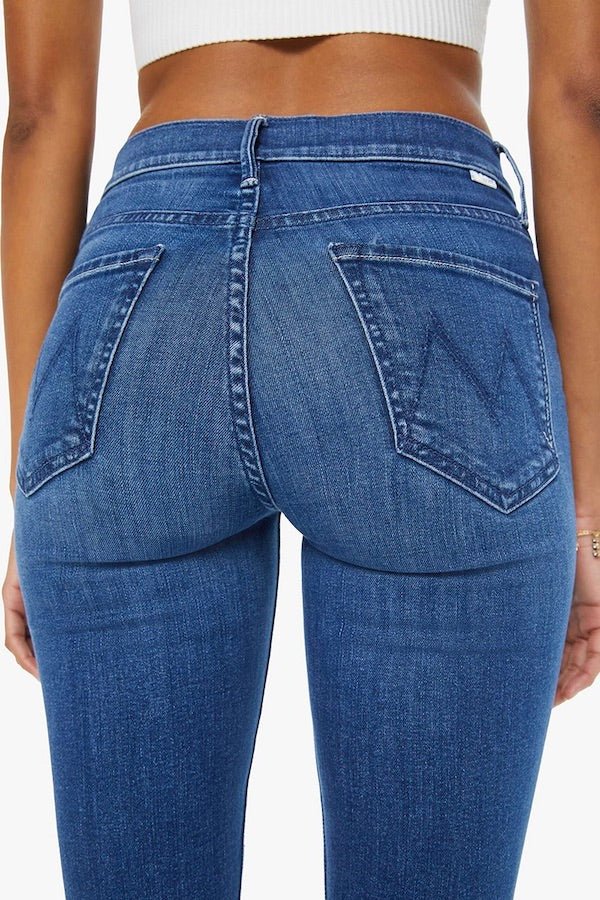 The Mid Rise Dazzler Ankle Fray Nothing Between Us by Mother, mid-rise straight leg ankle jeans in medium blue with stretch and clean hem, perfect for everyday wear.