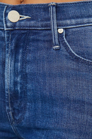 The Mid Rise Dazzler Ankle Fray Nothing Between Us by Mother, mid-rise straight leg ankle jeans in medium blue with stretch and clean hem, perfect for everyday wear.