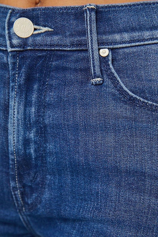 The Mid Rise Dazzler Ankle Fray Nothing Between Us by Mother, mid-rise straight leg ankle jeans in medium blue with stretch and clean hem, perfect for everyday wear.