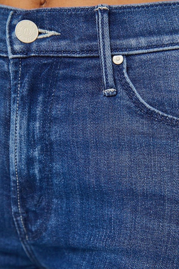 The Mid Rise Dazzler Ankle Fray Nothing Between Us by Mother, mid-rise straight leg ankle jeans in medium blue with stretch and clean hem, perfect for everyday wear.