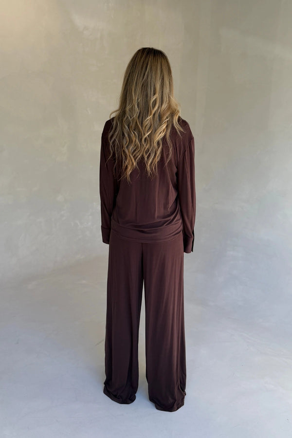 Hunter Long Sleeve Polo Top Chocolate by Sneaky Link, ultra soft stretch polo with a second-skin fit and button neckline.