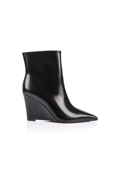 Flynn Boot Black Leather by Lana Wilkinson, pointed ankle leather boot with wedge heel, perfect for work or evening styling