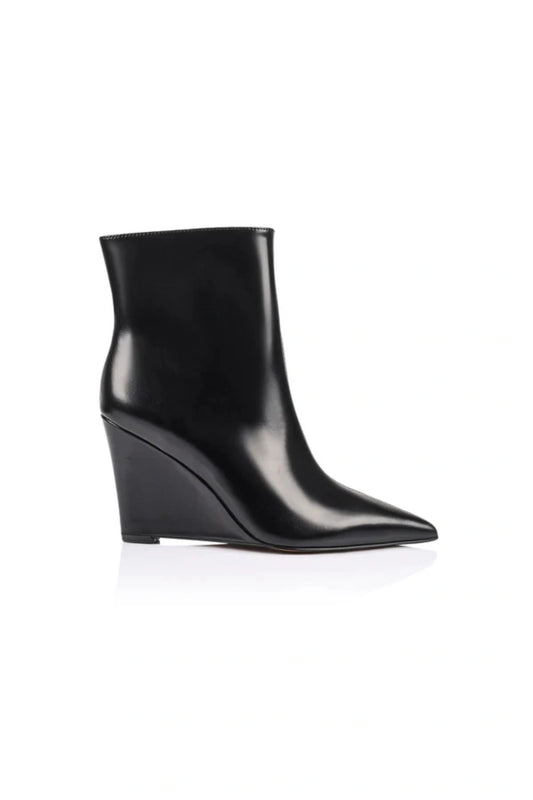 Flynn Boot Black Leather by Lana Wilkinson, pointed ankle leather boot with wedge heel, perfect for work or evening styling
