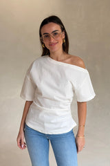 Suki Top White by Bayse – off shoulder draped top with ruched sides and fitted waist silhouette.