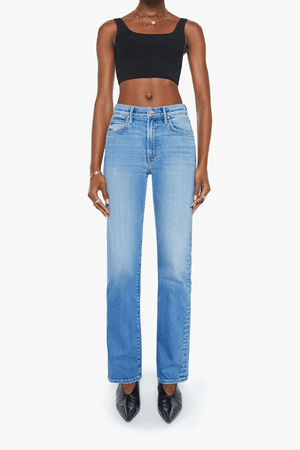 The Kick It Fan Favorite by MOTHER, trendy high-rise straight-leg jeans with a clean hem. Perfect for everyday wear with a mid-blue wash, subtle whiskering, and soft stretch denim for all-day comfort.