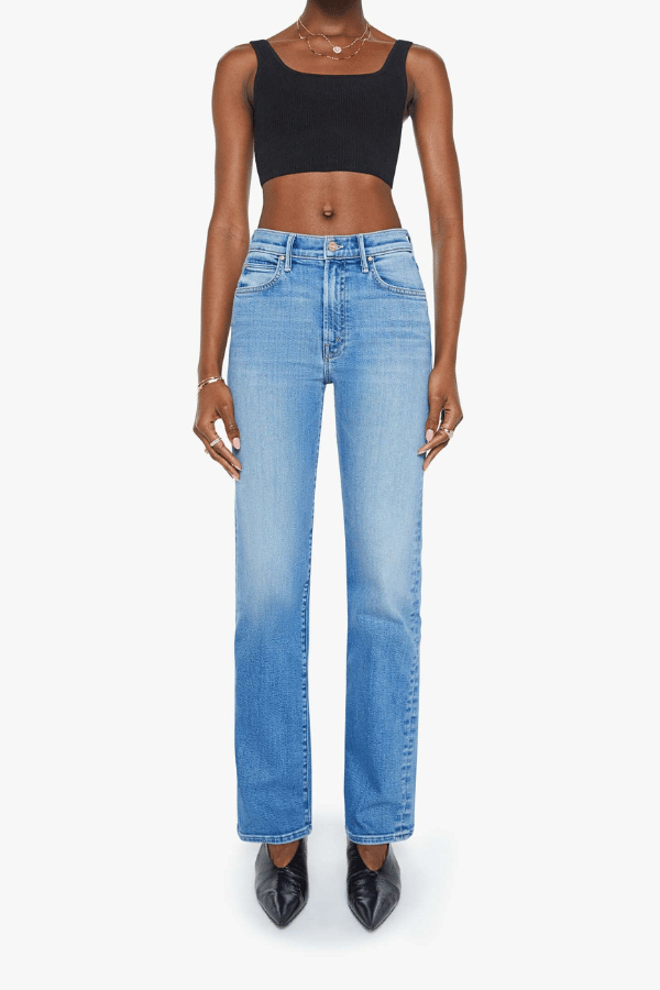 The Kick It Fan Favorite by MOTHER, trendy high-rise straight-leg jeans with a clean hem. Perfect for everyday wear with a mid-blue wash, subtle whiskering, and soft stretch denim for all-day comfort.