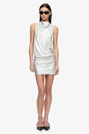Juna High Neck Mini Dress Silver by BEC + BRIDGE, crinkle satin mini dress with funnel neckline and racerback silhouette.