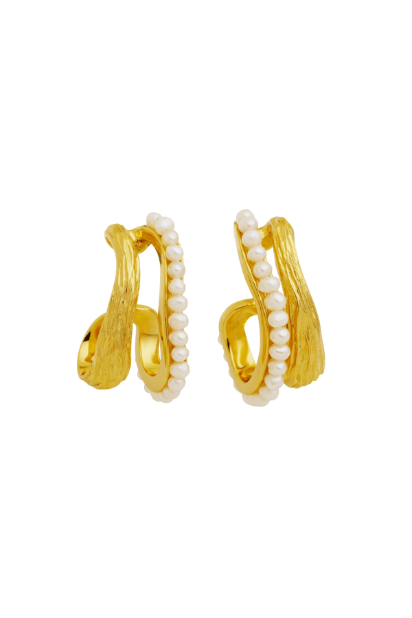 Gisele Earrings by Amber Sceats, trendy double hoop design with AAA+ freshwater pearls, handcrafted in Italy for timeless elegance and sophistication.
