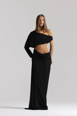 Imogen Dress Black by Natalie Rolt, sheer georgette dress with off shoulder draping and asymmetrical waist detail.