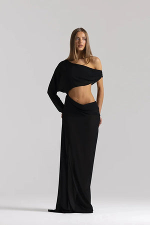 Imogen Dress Black by Natalie Rolt, sheer georgette dress with off shoulder draping and asymmetrical waist detail.