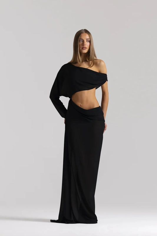 Imogen Dress Black by Natalie Rolt, sheer georgette dress with off shoulder draping and asymmetrical waist detail.
