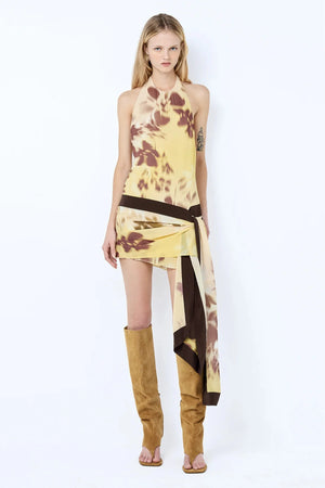 Blaise Halter Mini Dress by Bec and Bridge in Palmera Floral, featuring a low back, layered skirt, and round halter neckline. Perfect for events.
